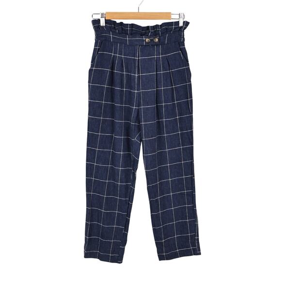Topshop Windowpane Paper Bag High Rise Linen Blend Trouser Pant Navy Blue Size 6 - Picture 1 of 7